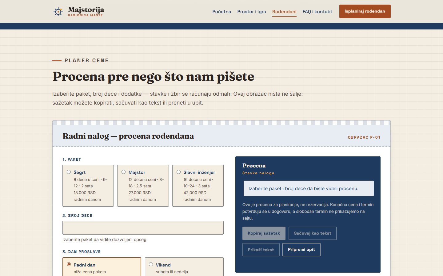 Planer rođendana u originalnom sajtu